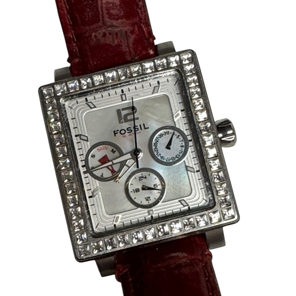 Fossil Silver Watch with Red Strap and Crystal Bezel - Picture 1 of 5